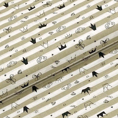 Bavlněné plátno P0638 bílo-taupe pruhy, černý vzor, š.140