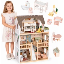 Ecotoys Drevený domček pre bábiky Laura, 3 poschodia, 5 izieb, 15 kusov nábytku
