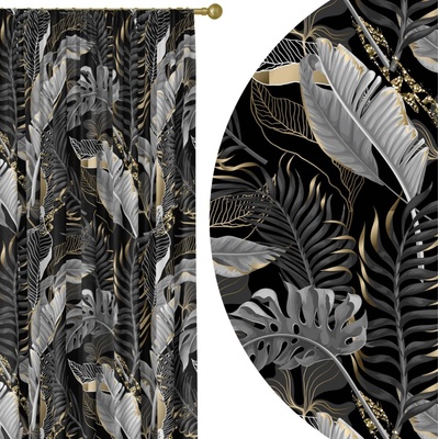 HomeView Zatemňovací záves Urban Jungle Black – čierno-zlaté listy s metalickým efektom Veľkosť: 140x230 na riasiaci pás