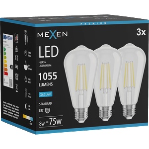 Mexen Vintis 3x LED филамент крушка E27, ST64, 8W, Студена - 6500K, 1055 lm, прозрачна (L152-E27-0865-00x03)