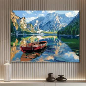Художествен печат на платно за картина Планинско езеро с лодка за декорация 30 х 40 см. без рамка