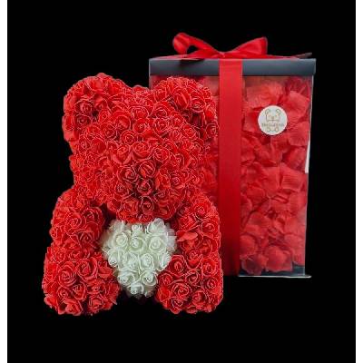 Medvídárek BIG Romantic medvedík z ruží 40cm darčekovo balený - svetlo červený s bielym srdcom