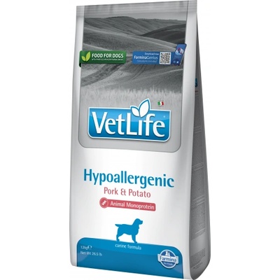 Vet Life Hypoallergenic Pork & Potato - Пълноценна диетична храна за кучета за намаляване на непоносимост към съставки и хранителни вещества, хипоалергенна формула със свинско и картофи - 12 кг, Италия - PVN1200028