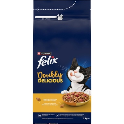 FELIX Doubly Delicious Храна за възрастни котки с вкусна смес от пилешко и пуешко месо, 2 кг