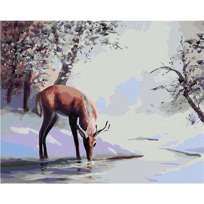 zuty Malování Podle Čísel Jelen Pije Z Potoka V Zimě D. Rusty Rust 40 x 50 Cm Plátno Rám