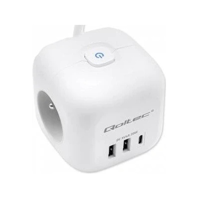 Qoltec Power Strip Extension 6-in-1 with Illuminated Switch | 3x AC | 2x USB | 1x USB-C PD 20W | White | Cable 2m