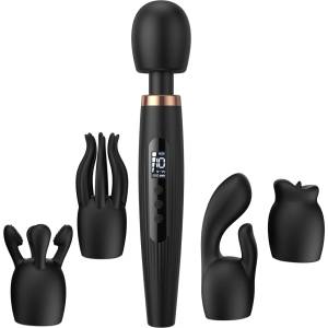 SuperLove Deluxe Massage Wand Kit with 4 Attachments & LED Display Black