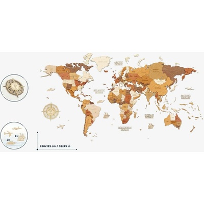 Nástenná drevená mapa sveta XXL - Traveler - 250 x 125 cm