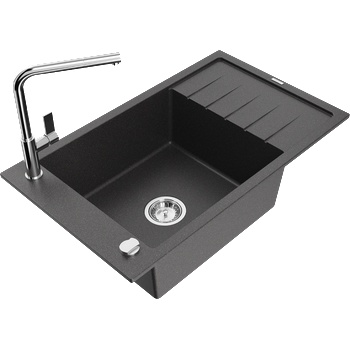 Mexen Elias еднокамерен градински мивка с отцедник и кухненски смесител Flora, черен пръскан - 6511-76-670401-00 (6511-76-670401-00)