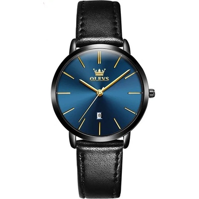 OLEVS Дамски часовник Olevs CS1563, каишка от естествена кожа, черен, син циферблат (CS1563)