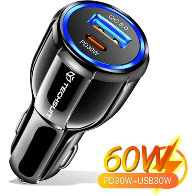Techsuit Зарядно за кола USB-A QC 5.0 QC 30W, USB-C PD30W - Premium (TE-022) - Черно