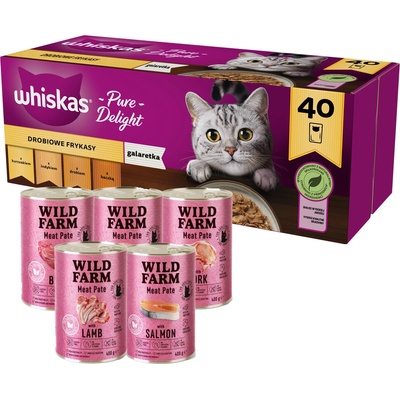WHISKAS Adult sáčky 40 x 85 g Drůbeží hranolky + WILD FARM Pate 5 x 400 g MIX