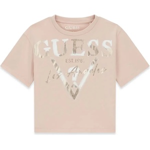 GUESS Розова къса тениска за момиче с лъскав голям надпис и лого Guess