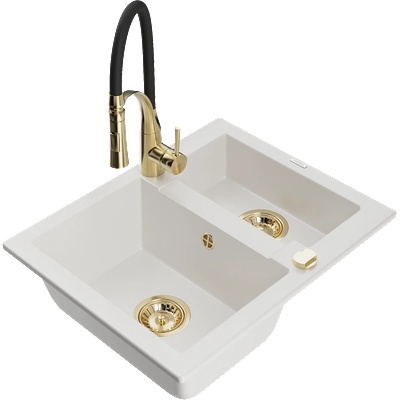 Mexen Carlos гранитна мивка 1, 5-камерна с кухненски смесител Aster, бял - 6518-20-73450-57-G (6518-20-73450-57-G)