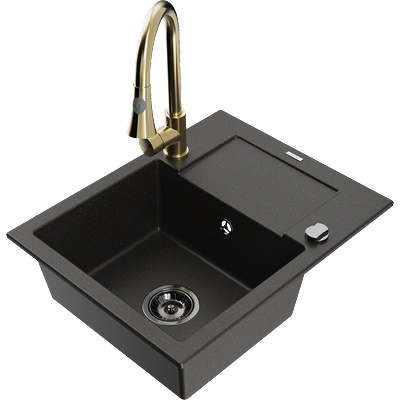 Mexen Enzo мивка от гранит с 1 отделение и отцедник и кухненски смесител Elia, черно/златен металик - 6506-75-670101-50-B (6506-75-670101-50-B)