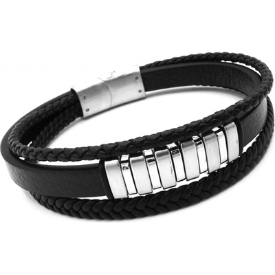Steel Jewelry náramek pánský černý kožený s kombinací chirurgické oceli NR230906