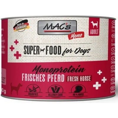 MAC's Mac’s Dog Monoprotein Adult, консерва за пораснали кучета с чувствителни стомаси, БЕЗ ЗЪРНО, с конско месо (мин. 70% месо), 200 гр - Германия - 949VE