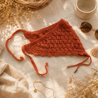Maliso háčkovaný letní šátek boho ručně dělaný cottagecore bandana scarf festival style oranžová