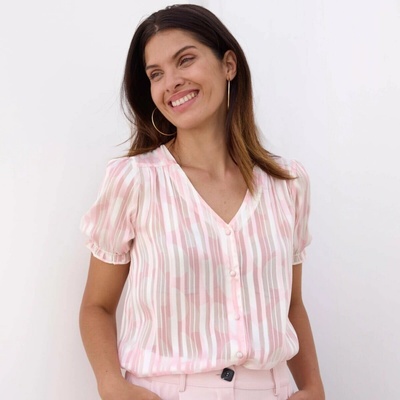 Voálová halenka na knoflíčky s potiskem režná/růžová světlá – Sleviste.cz