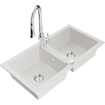 Mexen Mario гранитна кухненска мивка с 2 отделения и кухненски смесител Savita, бял - 6504-20-672601-00 (6504-20-672601-00)