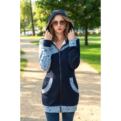 Jsem máma dámská dlouhá mikina na zip s kapucí tmavě modrá s kvítky – Zboží Dáma