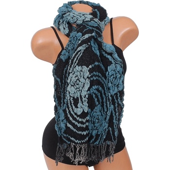 Image 1 of Мек и топъл зимен шал в черно с петролени цветя