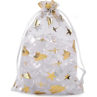 Vánoční dárkový pytlík stromečky 10x14,5 cm organza - bílá zlatá (10 ks)