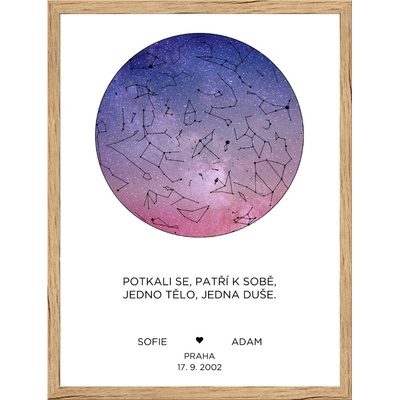Plakát s hvězdnou oblohou - fialovo bílý Rozměr plakátu: A3 (29,7 x 42 cm), Rámeček: Dřevěný rámeček, Počet osob, Text: 2 osoby vlastní text