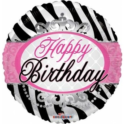 Kaledioscope Fóliový balónek kulatý 46 cm zebrový Happy birthday