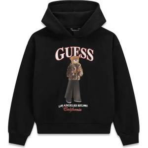 GUESS Детски памучен суичър Guess с качулка и принт мече в класически черен цвят