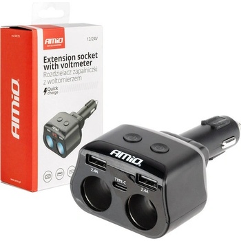 Dvojitá prodlužovací zásuvka 2xUSB 1xUSB C 12/24V max 200W AMIO-04173, , ,