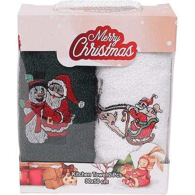 Хавлиени кърпи в зелено и бяло с бродерии Дядо Коледа