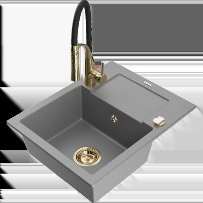 Enzo гранитна мивка с 1-контейнери с отцедник и кухненски смесител Aster, сив - 6506-71-73450-57-G (6506-71-73450-57-G)