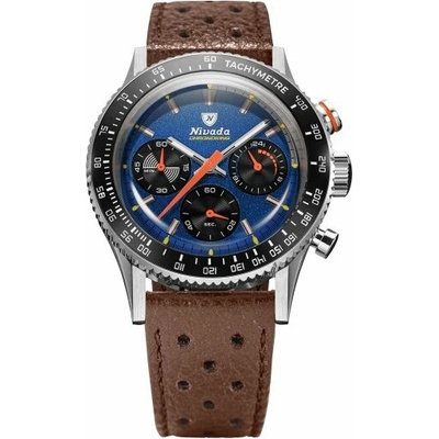 Nivada Grenchen Chronoking Meca Racing Blue - Inter. Bezel - Brown Racing Strap