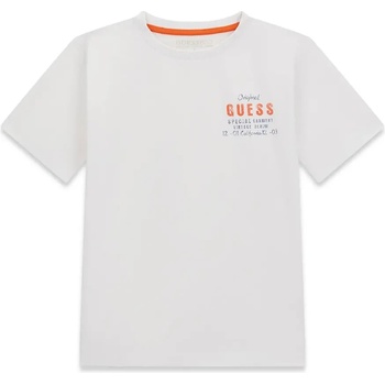 GUESS Бяла тениска за момче с малък оранжев надпис Guess