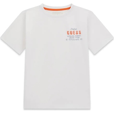 GUESS Бяла тениска за момче с малък оранжев надпис Guess