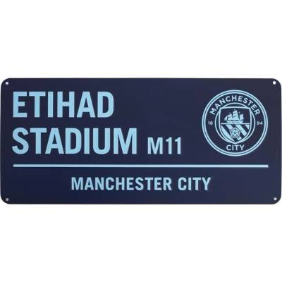 CurePink: | Kovová cedule na zeď FC Manchester City: Etihad Stadium modrá (40 x 18 cm) [TM-05747]