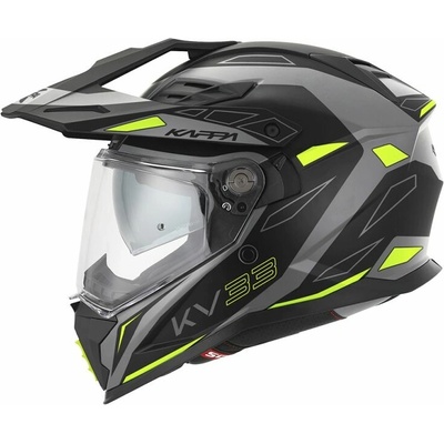 KAPPA přilba KV33 GRAPHIC WIZZARD ENDURO DUAL OFF ROAD se štítem i krycím panelem barva černá šedá žlutá fluo MATT rozměr 54 / XS (homologace ECE 22R06)