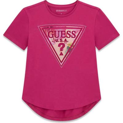 GUESS Цикламена асиметрична свободна тениска за момиче с цветно лого Guess