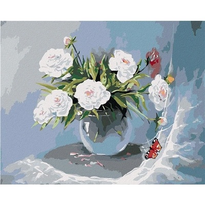 zuty Malování Podle Čísel Bílé Květiny Ve Váze A Motýl 80 x 100 Cm Plátno Rám