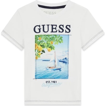 GUESS Бяла тениска за мини момче с тъмносин надпис и цветна щампа Guess