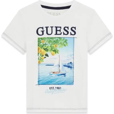 GUESS Бяла тениска за мини момче с тъмносин надпис и цветна щампа Guess