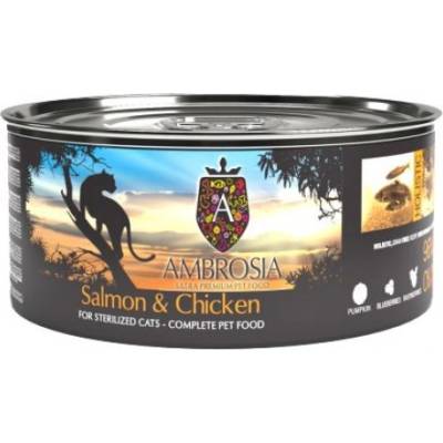 AMBROSIA Salmon Chicken - консерва, 96 % съдържание на месо за пораснали и кастрирани котки с капризен апетит - 150 гр, Франция
