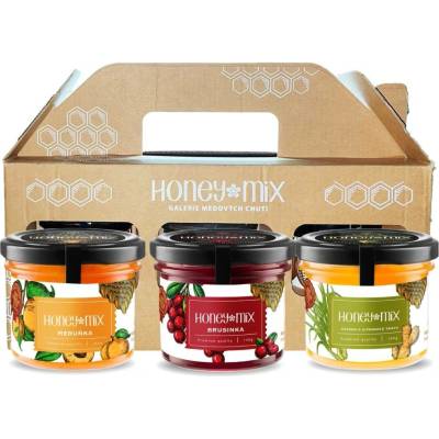 HoneyMix Dárková sada medů Meruňka, brusinka a zázvor 3x140 g