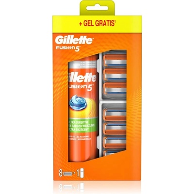 Gillette Fusion5 Fusion5 náhradní břity 8 ks + Fusion5 Ultra Sensitive gel na holení pro citlivou pleť 200 ml dárková sada