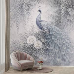 Art Gift Decor Фототапет паун с цветя в нежни сиви тонове