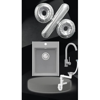 Твоят Стил Сива кухненска гранитна мивка Рига 40 XL 380 x 500 мм, Смесител 5010, Сифон