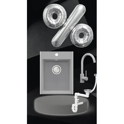 Твоят Стил Сива кухненска гранитна мивка Рига 40 XL 380 x 500 мм, Смесител 5010, Сифон