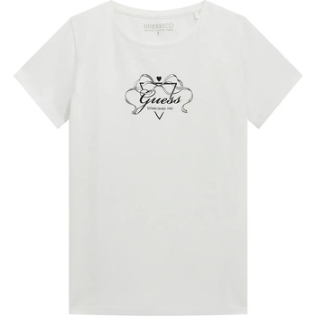GUESS Бяла тениска за момиче с панделка и надпис Guess