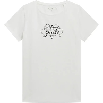 GUESS Бяла тениска за момиче с панделка и надпис Guess